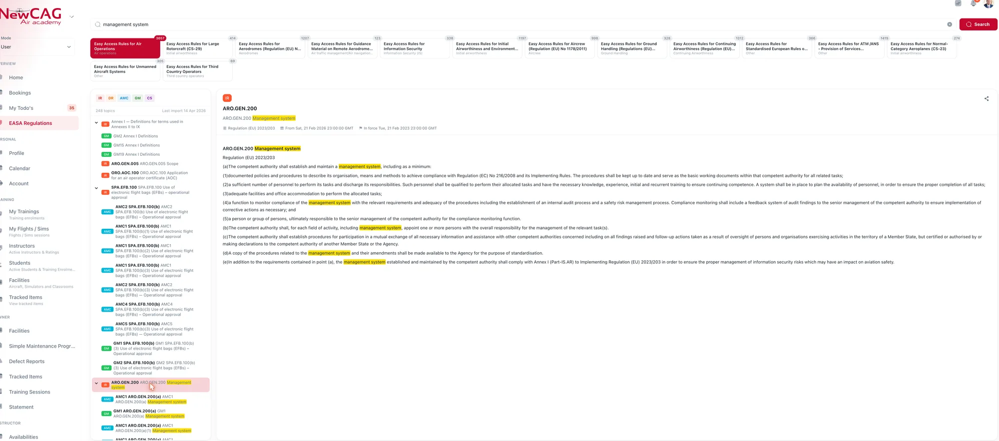 Recherche dans le corpus réglementaire EASA : occurrences classées IR, AMC, GM et CS, texte de la règle affiché à droite.