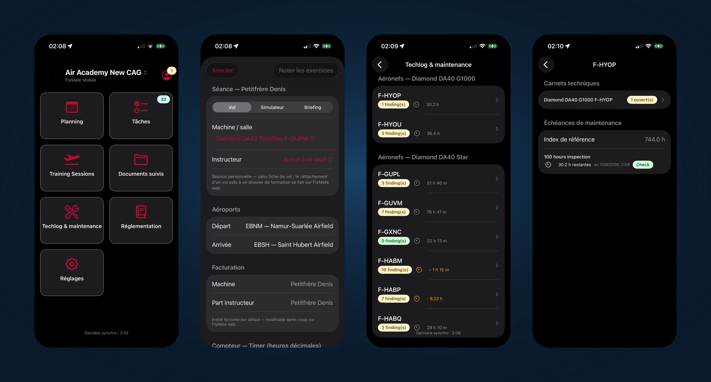 Quatre écrans de l’application iOS FlyMate : accueil, encodage d’une séance de vol, carnets techniques de la flotte, échéances de maintenance d’un aéronef.