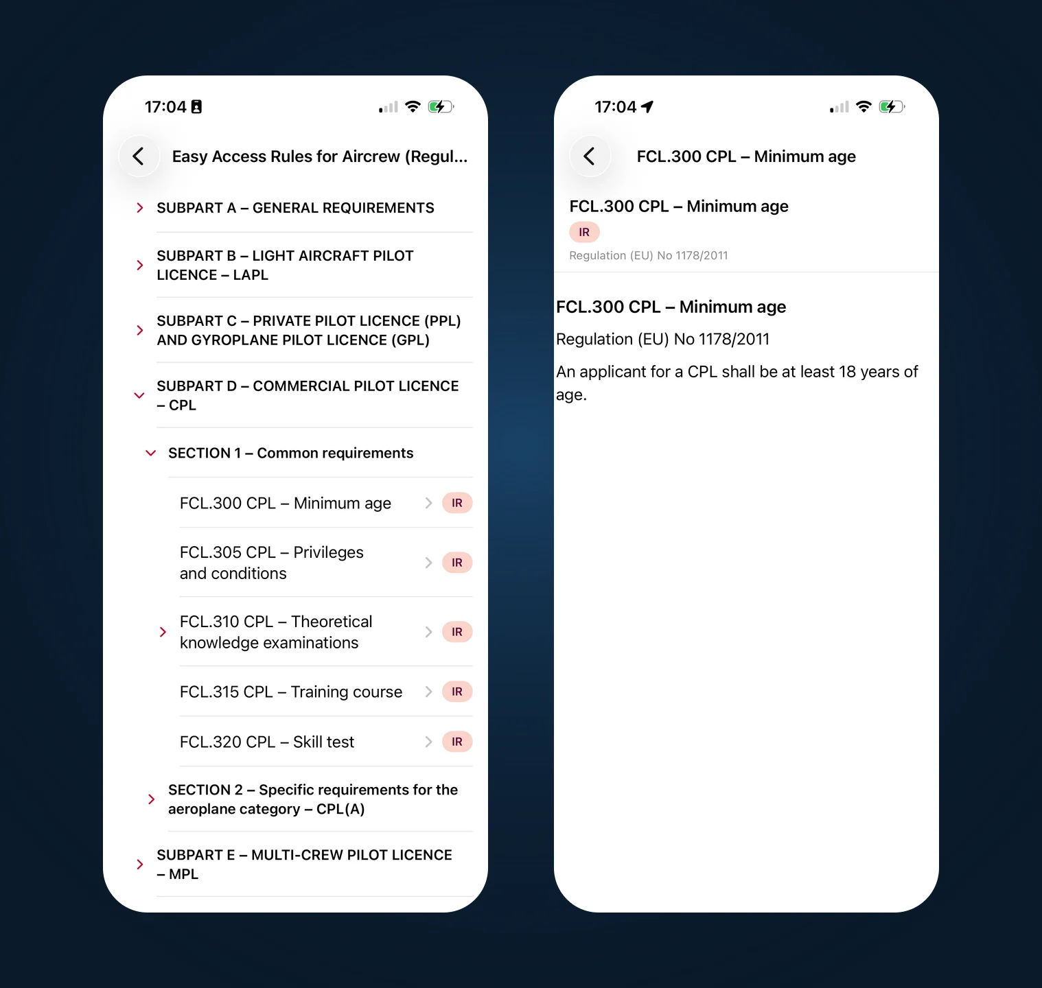 Deux écrans de l’application iOS FlyMate : la table des matières des Easy Access Rules for Aircrew, puis le texte de la règle FCL.300.